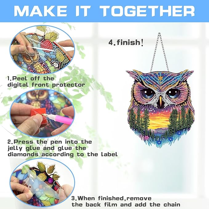 VAIIEYO Owl Diamond Art Hanging Ornament, Animal Diamond Painting Suncatchers Window Hanging Kit with Chain, 7.5x7.5 inch Crystal Pendant Art Craft for Gift Home Wall Front Door Decoration