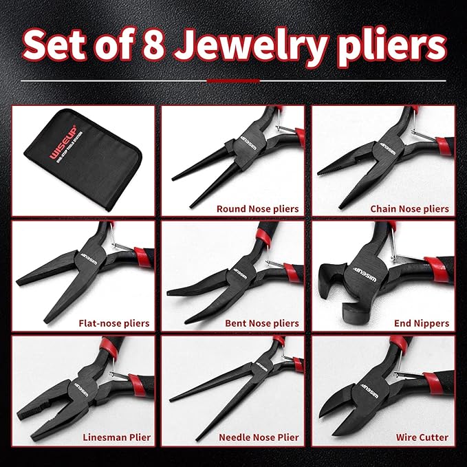 wiseup 8-piece mini pliers set，needle, round, flat, long, bent nose, diagonal, end cutting & linesman pliers for crafting, electronics & jewelry making，with pouch