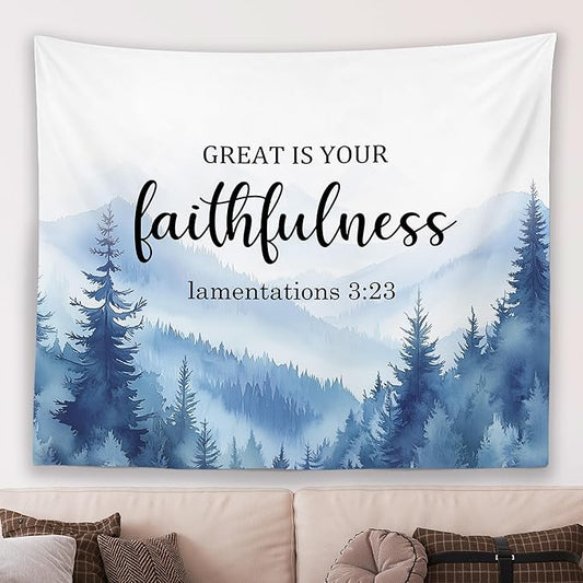 MNASAIOO Christian Mountian Woods Wall Tapestry Hanging for Bedroom, Bible Verse Scripture Great Is Your Faithfulness Tapestries,Blue Watercolor Wall Decor Banner for Living Prayer Room Church 50x60in