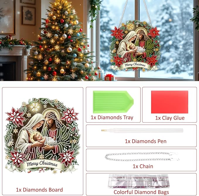 SENQAO Jesus Diamond Art Hanging Kits for Adults Kids, Christmas Diamond Art Suncatchers, 5D Special Shape Diamond Painting Pendant Window Ornament Gifts for Home Garden Door Wall Decor