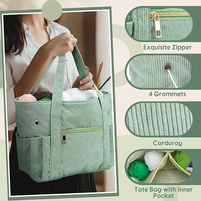 Bulyoou 2 Pcs Crochet Bag and Tote Set Corduroy Yarn Bag Crochet Tote Bag for Crochet Hooks Organizer Yarn Holder for Crochet Lovers Knitting Bag Crochet Accessories(Green)