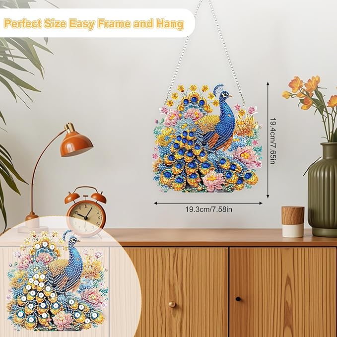 TOSTOG Elegant Peacock Diamond Art Pendant Kit for Adult, Flower Diamond Painting Hanging Kit for Beginners, 5D DIY Crafts Gem Art, Waterproof Full Accessories for Home Decor Idea 20 * 20 cm/8 * 8 in