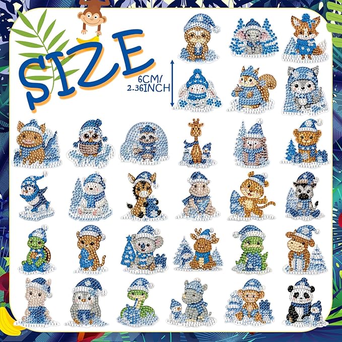 Xuhal 30 Pcs Winter Diamond Painting Magnets Winter Animal Diamond Art Kits for Adults 5d Rhinestone Blue Snowflake Christmas Animal Refrigerator Magnetic Sticker for DIY Craft Fridge
