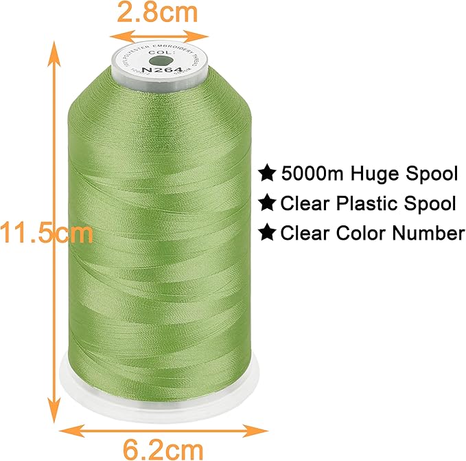 New brothread - Single Huge Spool 5000M Each Polyester Embroidery Machine Thread 40WT for Commercial and Domestic Machines - Green Dust(Janome Color)