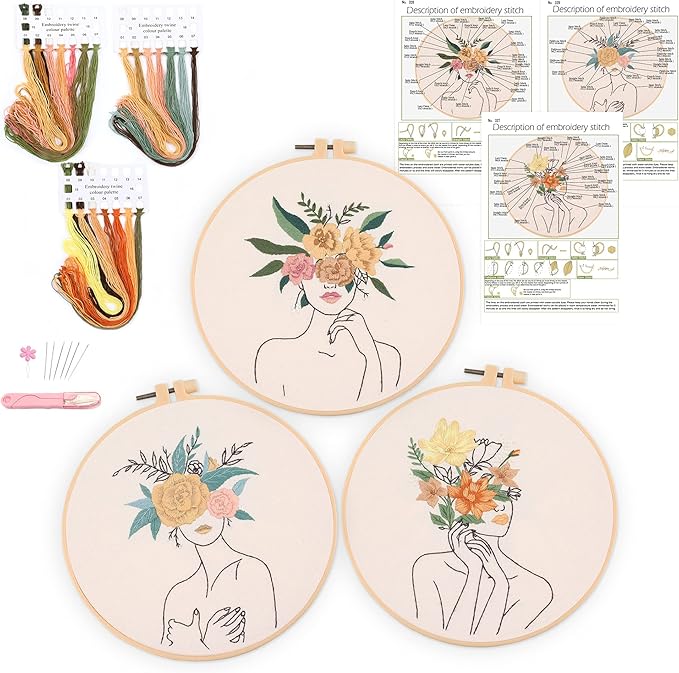 harimau 3 in beginner embroidery kit,floral plant pattern,cross stitch kits, including stamped embroidery cloth with 3 embroidery hoops, color threads and embroidery kits
