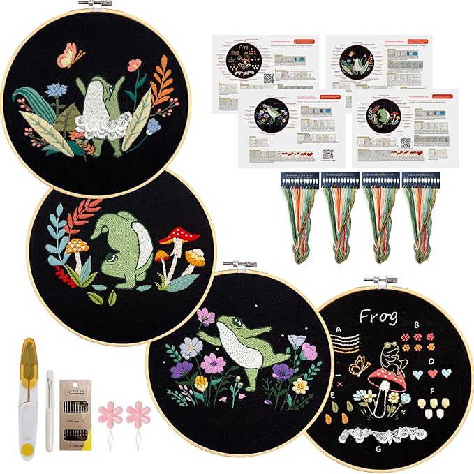 Phylisn 4 Sets Embroidery Kit for Beginners Adults,Embroidery Starter DIY Kits with Frog Patterns,2 Hoops,Color Threads, Tools,Easy Learn to Embroider with Instructions & Video Tutorials