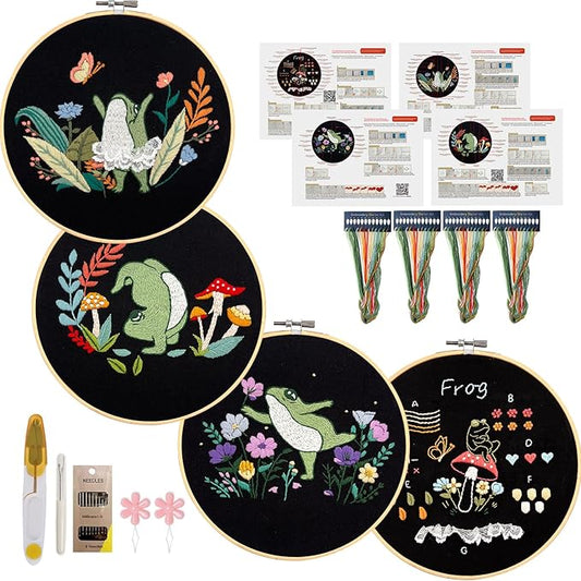 Phylisn 4 Sets Embroidery Kit for Beginners Adults,Embroidery Starter DIY Kits with Frog Patterns,2 Hoops,Color Threads, Tools,Easy Learn to Embroider with Instructions & Video Tutorials