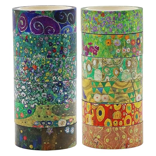 Berkin Arts 12 Rolls Art Floral Designs Washi Tape Set - 15 mm Wide Decorative Adhesive Masking Tape Cloisonnism Colorful Flowers Gustav Klimt Series
