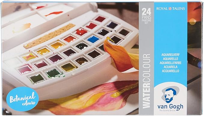 Van Gogh Watercolor Paint Set, Plastic Pocketbox, 24-Half Pan Botanical Selection