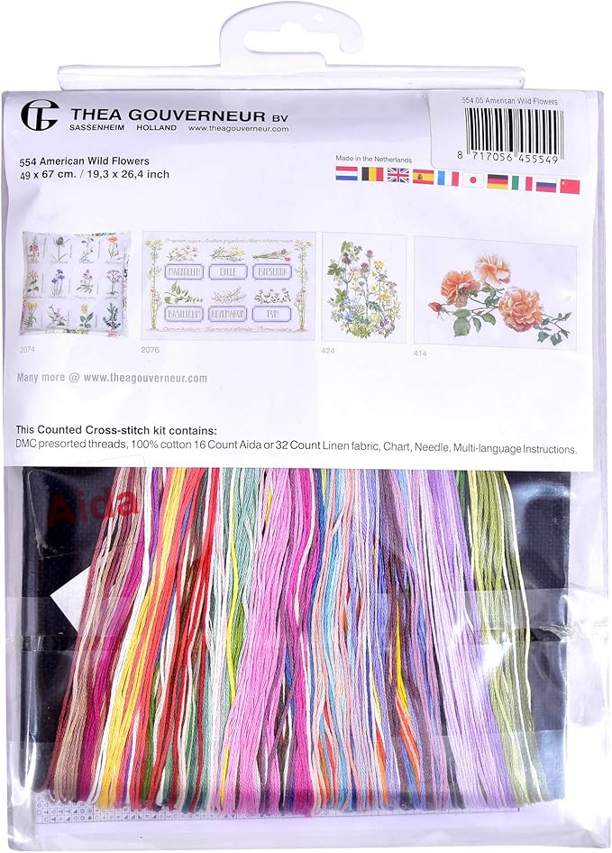 Thea Gouverneur - Counted Cross Stitch Kit - American Wild Flowers - Aida Black - 16 Count - Embroidery Kit for Adults - DMC Embroidery Threads and Other Cross Stitch Supplies Included - 554.05