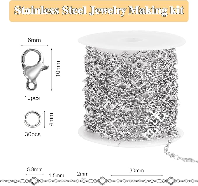 GTVOODX 16.4 Feet Four Leaf Clover Links Cable Chain for Jewelry Making Silver Stainless Steel Chain Spool Bulk for DIY Bracelet Necklace with 10 Lobster Clasps and 30 Jump Rings