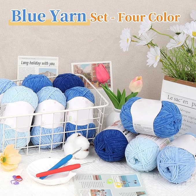 Coopay Skinny Chenille Yarn for Crocheting and Knitting, 12 Pack of 50g/1.76oz - 1764yd Total, Soft Velvet Yarn of Baby Weights - Suitable for Baby Blankets, Plush Toys - Super Soft (Blue Gradient)