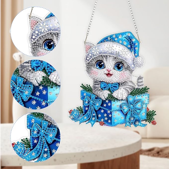 QENSPE Cute Cat Diamond Art Hanging Kits for Adults, 5D Special Shape Diamond Paingting Ornaments Kits with Chain, DIY Christmas Crystal Window Pendants for Home Wall Decor Double Sided 8X8 inch