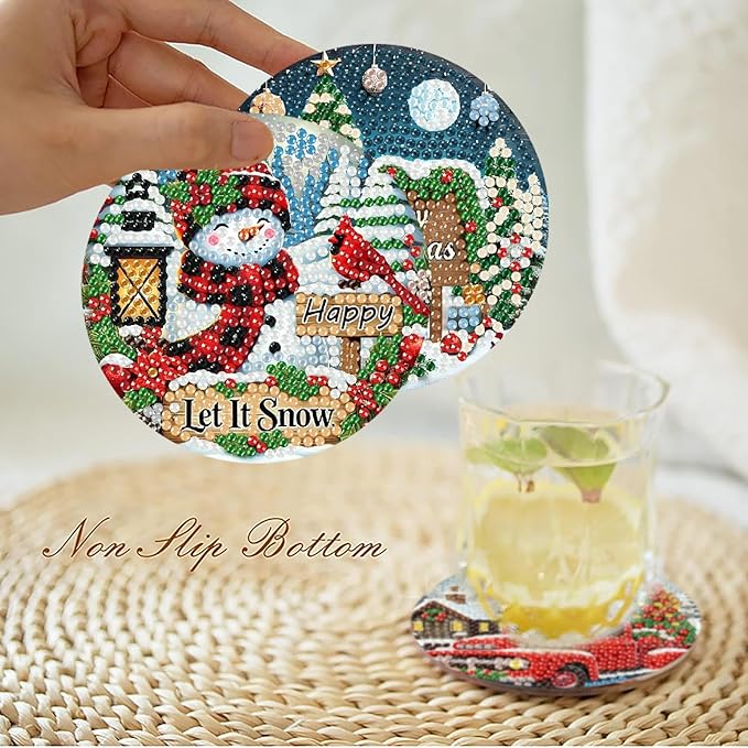 8 PCS Christmas Diamond Art Coasters Winter Diamond Painting Coasters Kits with Holder DIY for Beginners, Adults, Diamonds Art Crafts Supplies