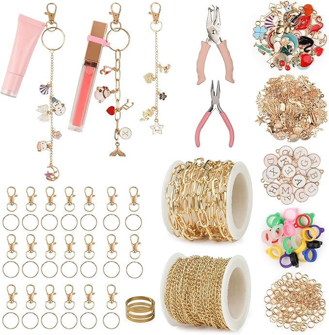 Starry 451 Pcs Lip Gloss Keychain Making Kit 126 Charms 22.97 ft Gold Chains with 30 Lipgloss Rubber Rings 20 Keychain Clips DIY Crafts for Women