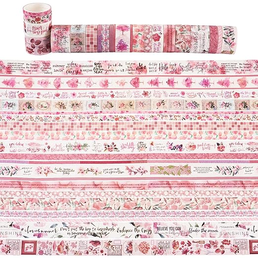 Beadthoven 20 Rolls Pink Washi Tape Set, 5/10/15/20/25mm Cute Floral Washy Paper Tape Decorative Tape Assorted Masking Tape Stickers for Scrapbooking Bullet Journal Planner Present Wrapping DIY Crafts