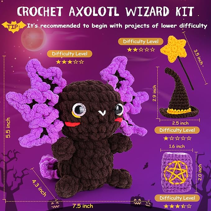 Crochetta Crochet Kit for Beginners, Crochet Starter Kit w Step-by-Step Video Tutorials, Beginner Crochet Kit for Adults Kids Women Men Complete Kit Included (Axolotl Wizard)