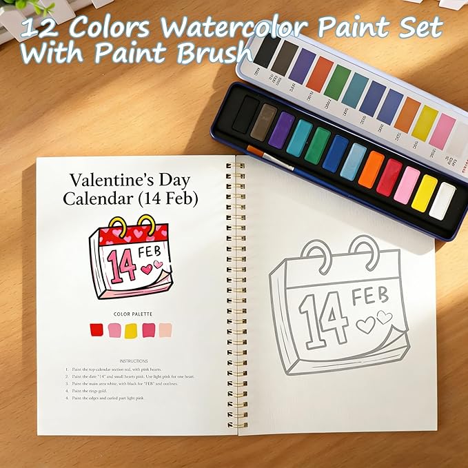 Watercolor Workbook for Adults, watercolor paint set, water colors paint adult set,Beginner Watercolor Workbook Kit, Multi Theme with 12-Color Palette & 1 Brushes Valentine’s Day Gifts for Kids