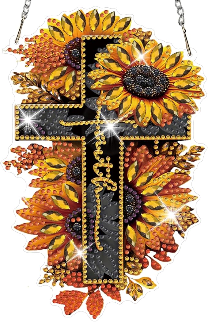 HEIBAGO Cross Diamond Art Hanging Kits for Adults, Sunflower Diamond Art Suncatchers, 5D Special Shape Diamond Painting Pendant,DIY Window Ornament Gifts for Home Garden Door Wall Decor 8.3x8.3In