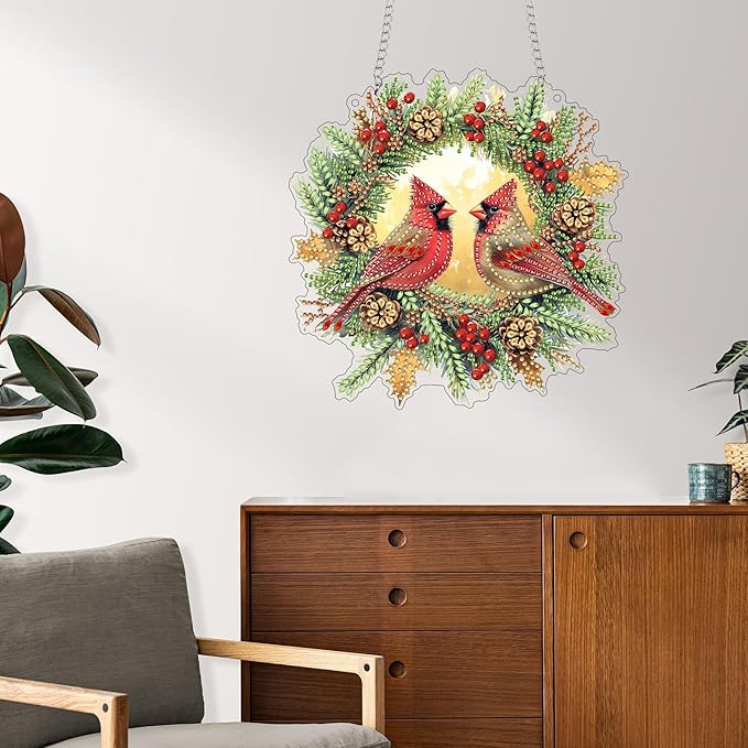 Reofrey Hanging Diamond Art Kits for Adults - 8x8 Inch Christmas Bird Acrylic Board Double Sided Pattern Diamond Art Suncatcher Pendant, Crystal Art for Home Wall or Window Decoration Handmade Gift