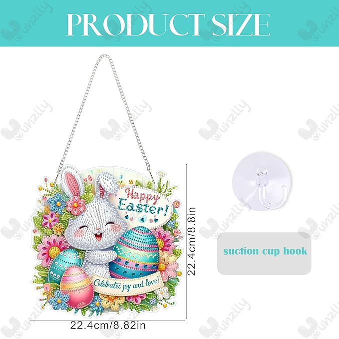 Yunzlly DIY Hanging Easter Diamond Art Pendant Kit, Special Crystal Double Sided Diamonds Painting Ornament Kit for Adults, Acrylic Gem Painting Board for Window&Door&Wall (Happy Bunny)