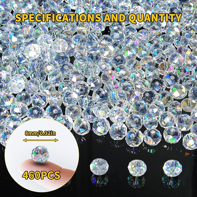 laopottbeads 460pcs 8mm crystal glass beads for jewelry making beads for bracelets necklace pendants making supplies(white ab color)