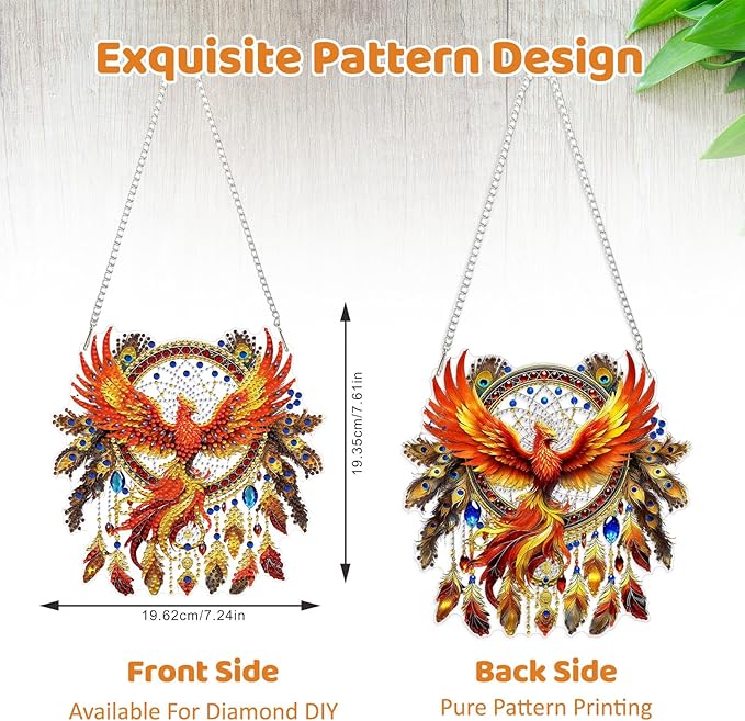 MEIYUDA Dreamcatcher Diamond Art Hanging Kits for Adult, Firebird Diamond Painting Hanging Kits Ornaments, DIY Phoenix Special Shaped Rhinestone Window Pendants kit for Home Garden Wall Decor Gift