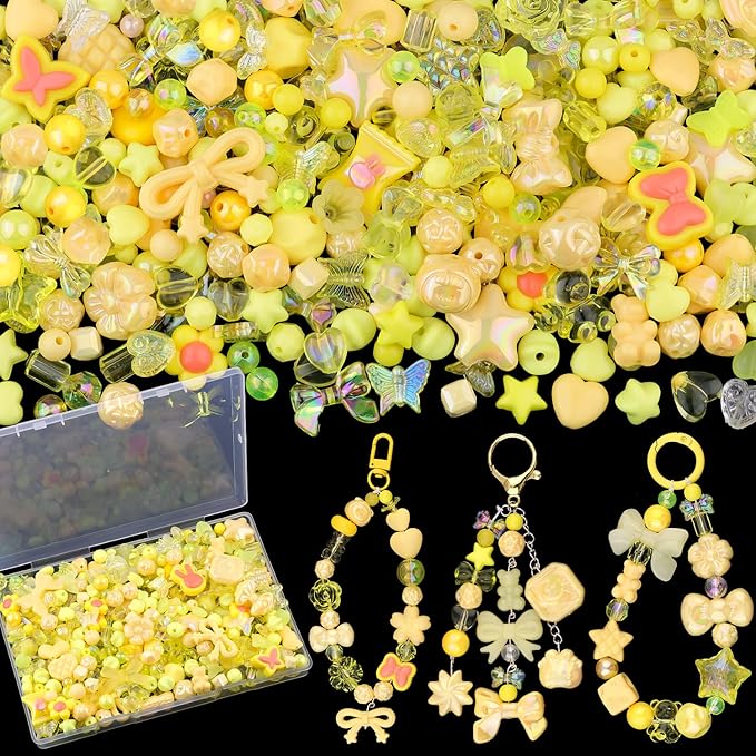 200-260PCS TINKRSTUFF Assorted Acrylic Beads Yellow Cute Beads for Bracelet Making, Bow Star Aesthetic Flower Butterfly GummyBear Kawaii Charms for Jewelry Necklace Making DIY Keychain Phone Charm