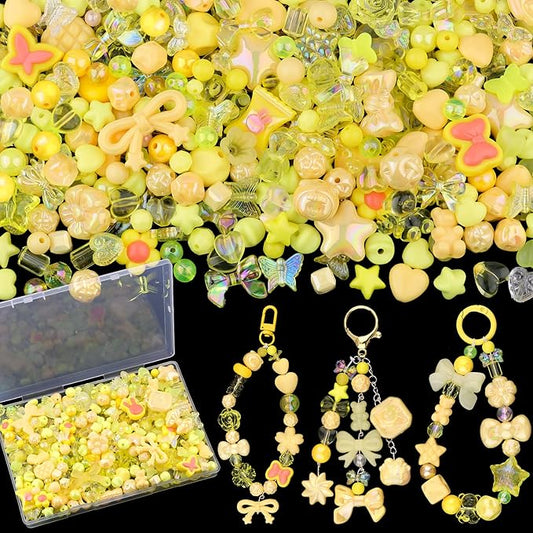 200-260PCS TINKRSTUFF Assorted Acrylic Beads Yellow Cute Beads for Bracelet Making, Bow Star Aesthetic Flower Butterfly GummyBear Kawaii Charms for Jewelry Necklace Making DIY Keychain Phone Charm