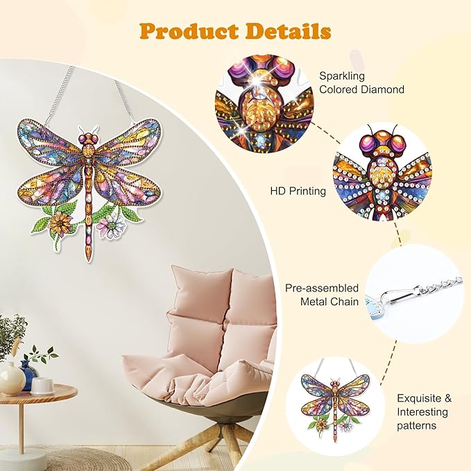 HEIBAGO Dragonfly Hanging Diamond Art Kits for Adults, Special Shaped Crystal Diamond Painting Ornament Kit, DIY Double-Sided Pattern Window Pendant Gem Art Kit for Home Wall Decor 8.3x8.3inch
