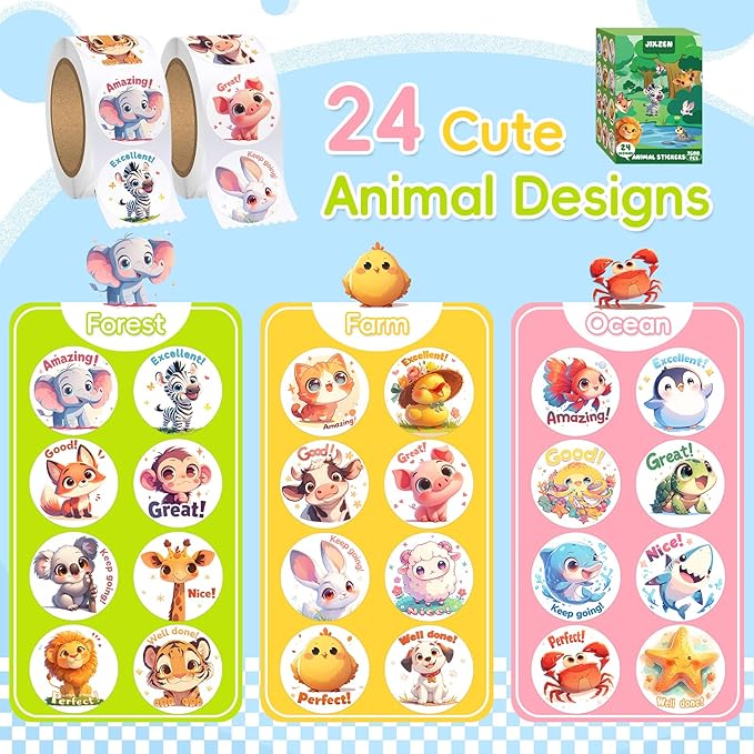 jixzen 1.5 inch animal stickers for kids, 3 rolls 1500 pcs cute stickers for toddlers 2-4 years, 24 designs farm/ocean/wild motivational sticker for potty training rewards, classroom teacher supplies