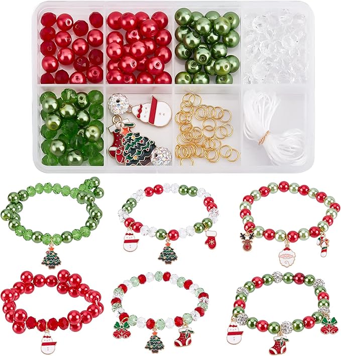 SUNNYCLUE 1 Box 226Pcs 6Sets Christmas Enamel Charms Christmas Tree Bracelet Making Kit Reindeer Socks Candy Cane Santa Claus Glass Beads Snowman Charms for Jewelry Making Kits Adult Xmas Gifts