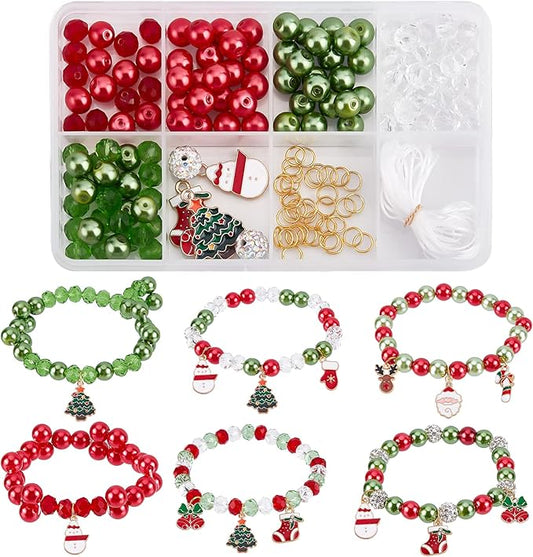 SUNNYCLUE 1 Box 226Pcs 6Sets Christmas Enamel Charms Christmas Tree Bracelet Making Kit Reindeer Socks Candy Cane Santa Claus Glass Beads Snowman Charms for Jewelry Making Kits Adult Xmas Gifts
