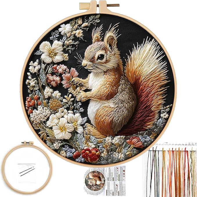 FONNUY Funny Squirrel Floral Embroidery Kit, Cross Stitch Kits for Beginners, Handmade Crafts with Printed Patterns for Beginner Adults, Easy to Follow Color Thread Needlework, 8'' Hoop (Clever)