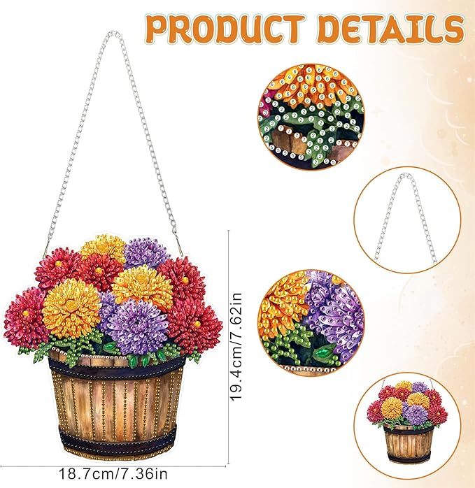 RICUVED Hanging Diamond Art Painting Kit, Special Shaped Crystal Craft Diamond Painting Pendant Kit for Adults Beginners, Barrel Flowers Hanging Acrylic Diamond Art Ornament Kit for Garden Wall Decor
