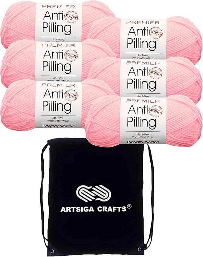 Premier Yarns Everyday Anti-Pilling Solid Baby Pink DN100-6 (6-Skeins - Same Dye Lot) #4 Worsted Weight Acrylic Yarn for Crocheting and Knitting with Project Bag