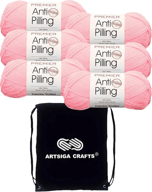 Premier Yarns Everyday Anti-Pilling Solid Baby Pink DN100-6 (6-Skeins - Same Dye Lot) #4 Worsted Weight Acrylic Yarn for Crocheting and Knitting with Project Bag