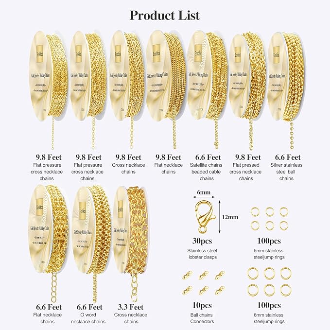 ecoofor gold necklace chains for jewelry making, 78.7 feet 10 rolls jewelry chains for diy necklace bracelet jewelry making with jump rings/lobster clasps/connectors