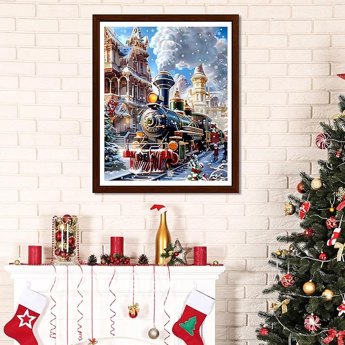 EMIEAUFG Christmas Diamond Art Kits for Adults, Christmas Train Diamond Paiting Kit for Beginners, 5D DIY Round Full Drill Craft Diamond Dot Gem Art, Home Wall Decor 12" x 16"