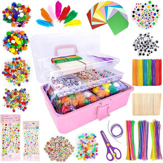 Jumbo Art and Craft Supplies for Boys and Girls, Toddler DIY Craft Art Supply Set Included Pipe Cleaners, Pom Poms, Feather, Folding Storage Box - All in One for Craft DIY Art Supplies (F0-Pink)
