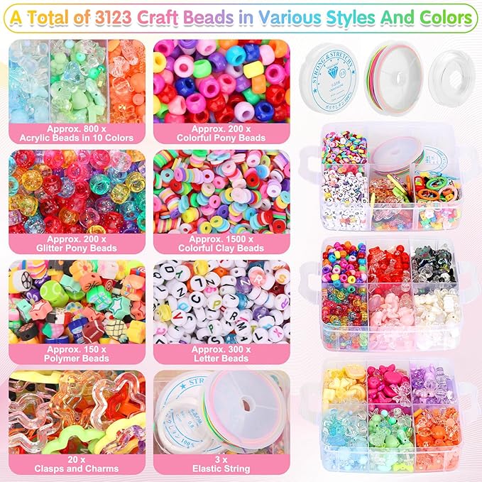 3123Pcs Assorted Acrylic Beads Kit for DIY Bracelets Making with Cute Candy Butterfly Flower Heart Kawaii Color Bead Charms for Creativity Fun Jewelry Craft Aesthetic to Make Necklaces Keychains