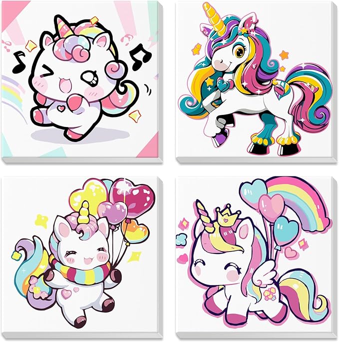 NEWENMO 4 Pack Paint by Number for Kids with Wooden Frame, Cute Unicorn Paint by Numbers for Kids Ages 8-12, Rainbow Unicorn, DIY Acrylic Oil Painting for Beginners for Home Wall Decor 8X8 inch