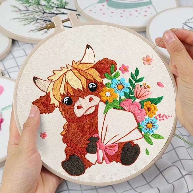Nuberlic Highland Cow Embroidery Kits for Beginners with Flowers Pattern, DIY Cross Stitch Starter Kits for Adults Including Cloth with Pattern, Hoop, Needles Instruction and Threads