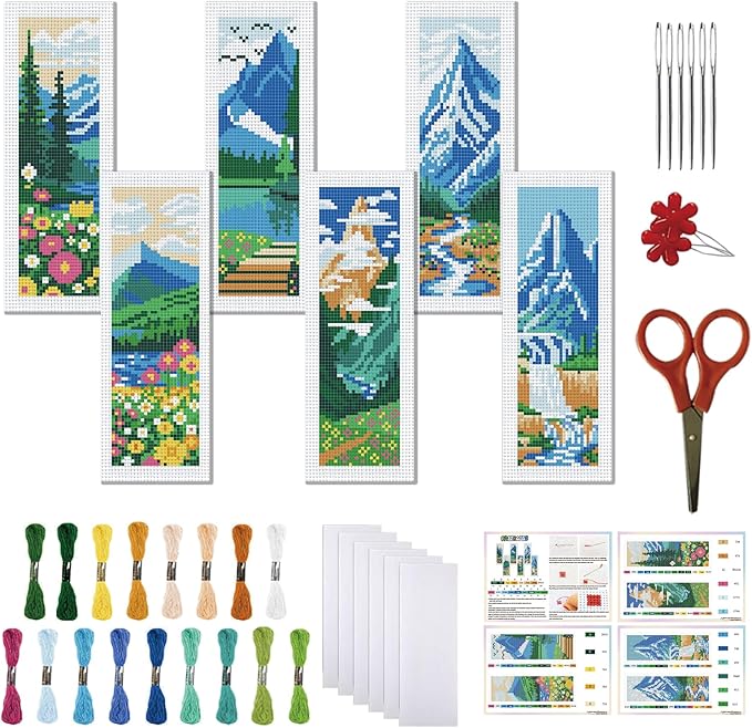 FREEBLOSS 6 Set Cross Stitch Bookmarks Kit Mountains&Rivers Stamped Cross Stitch Kit DIY Embroidery Bookmark Set with Instruction for Adults Beginners Gift for Reading Enthusiasts 8 * 2.4inch 11CT