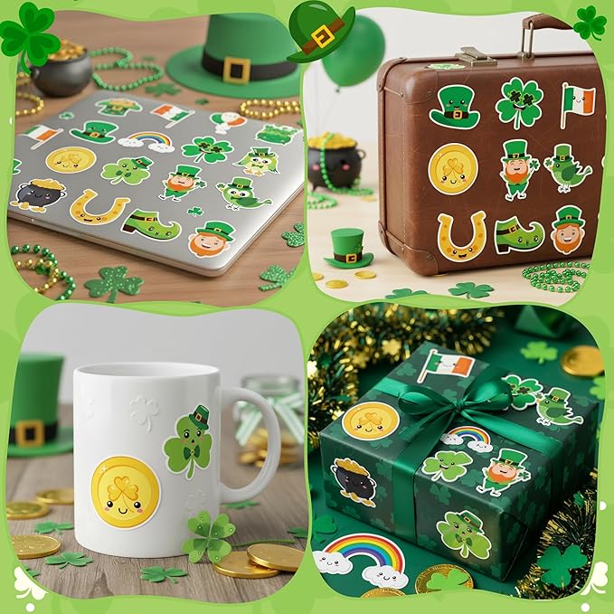 beyumi cute shamrock sticker roll - 1000pcs st. patrick's day stickers in 2 rolls waterproof cartoon irish green shamrock clover gnome decals gift party favor laptop bottle scrapbooking decor for kids