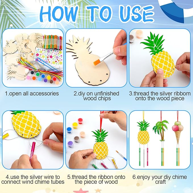 30 Pack Summer Wind Chime Making Kit for Adults Make Your Own Summer Wind Chime Beach Wooden Ornaments for DIY Crafts Activity Birthday Decoration
