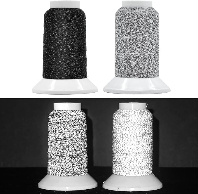 High-Visibility Reflective Embroidery Thread Kit Improved Night Safety, 2X200M(218Yds) Each Spool Polyester Sewing Machine Thread Suitable for Hand Embroidery, Sewing, Quilting (Black&Gray)