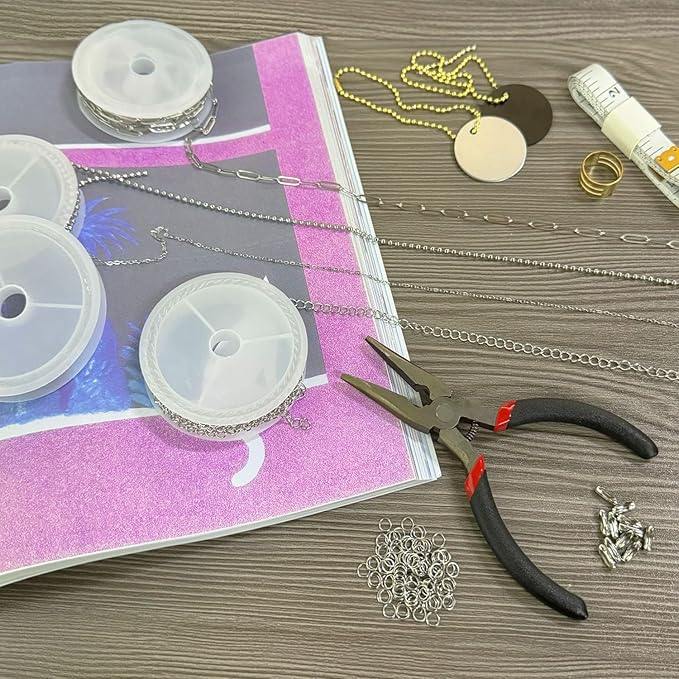 Fesorsi Silver Chain for Jewelry Making, 29.5ft 4 Style Steel Jewelry Chain, Electroplating Process, for DIY Necklace Chains, Tassel Pendants, with Jump Ring, Lobster Clasp, Pliers