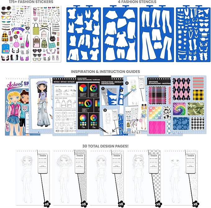 Fashion Angels School Spirit Sketch Set, Includes Sketch Pad with Stencils & Stickers, Fashion Design Sketch Book for Girls, Ideal Drawing Kit for Kids