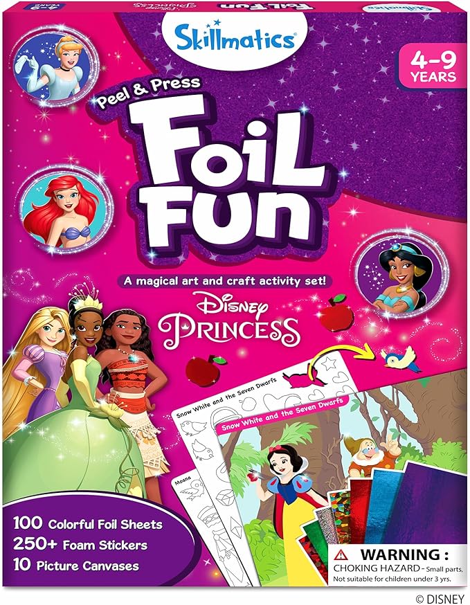 skillmatics foil fun - disney princess, mess-free art & craft kits for kids, diy activity, travel toy, perfect valentine’s day gift for fans of moana, cinderella, ariel, jasmine, ages 4, 5, 6, 7, 8, 9